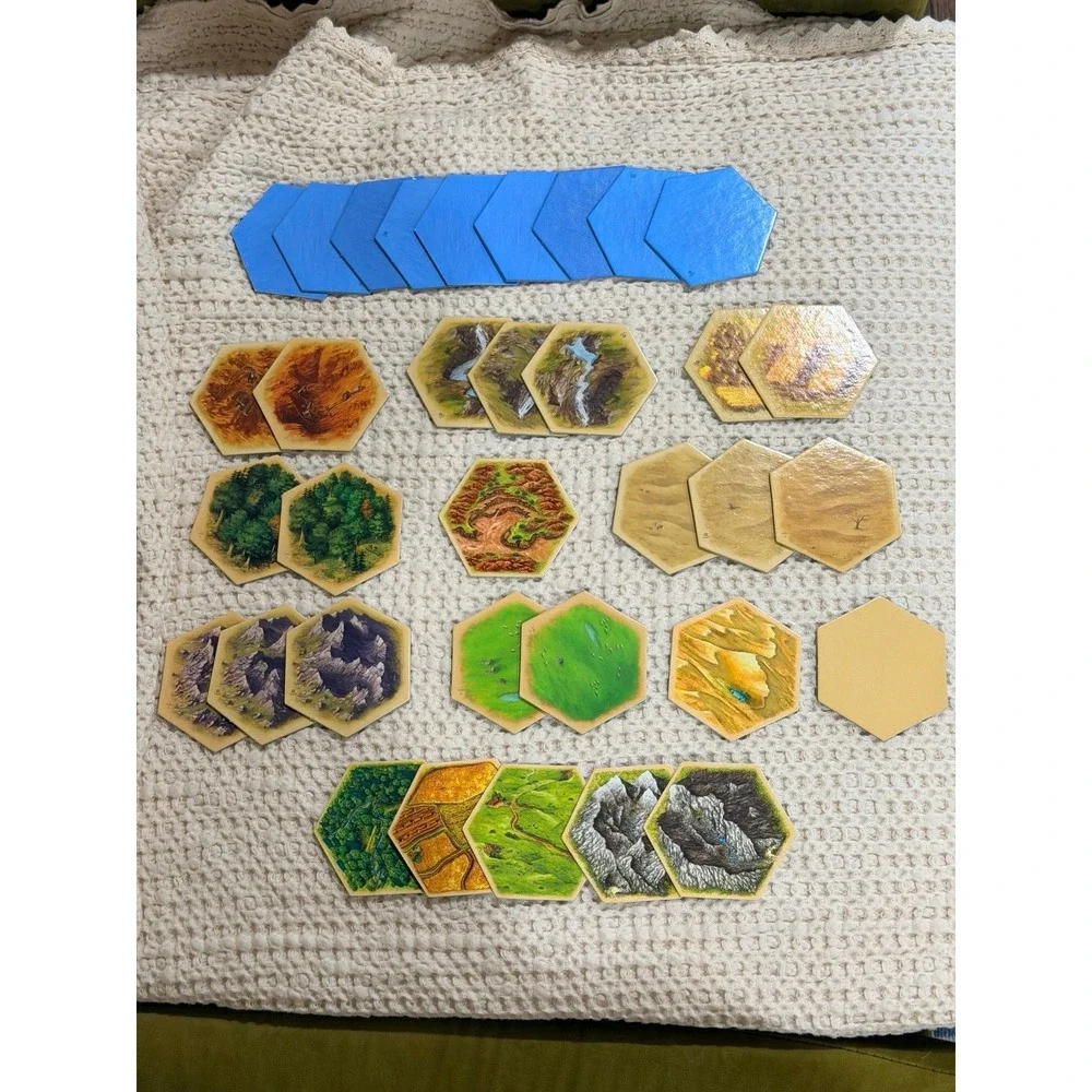 Settlers of Catan Rellacement Pieces- 34 various terrain hex pieces